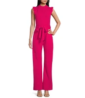 Moa Moa High Neck Flutter Sleeve Tie Waist Jumpsuit