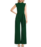 Moa Moa High Neck Flutter Sleeve Tie Waist Jumpsuit