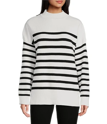 Moa Moa Long Sleeve Mock Neck Stripe Tunic Sweater