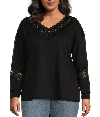 Moa Moa Plus Size Long Sleeve Lace-Trimmed T-Shirt