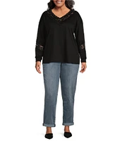 Moa Moa Plus Size Long Sleeve Lace-Trimmed T-Shirt