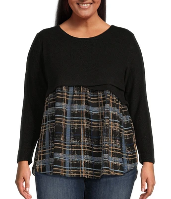 Moa Moa Plus Long Sleeve Solid/Plaid Sweater