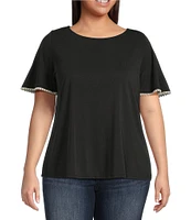 Moa Moa Plus Relaxed Pearl Trim Short Sleeve Top