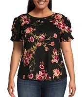 Moa Moa Plus Short Puff Sleeve Floral Printed Top