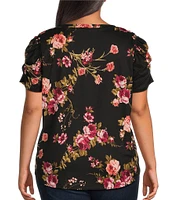 Moa Moa Plus Short Puff Sleeve Floral Printed Top