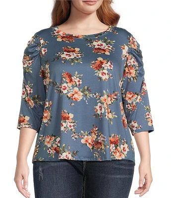 Moa Moa Plus Size 3/4 Sleeve Puffed Shoulder Floral Printed Top