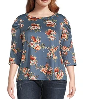 Moa Moa Plus Size 3/4 Sleeve Puffed Shoulder Floral Printed Top