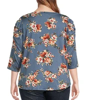 Moa Moa Plus Size 3/4 Sleeve Puffed Shoulder Floral Printed Top