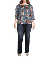 Moa Moa Plus Size 3/4 Sleeve Puffed Shoulder Floral Printed Top