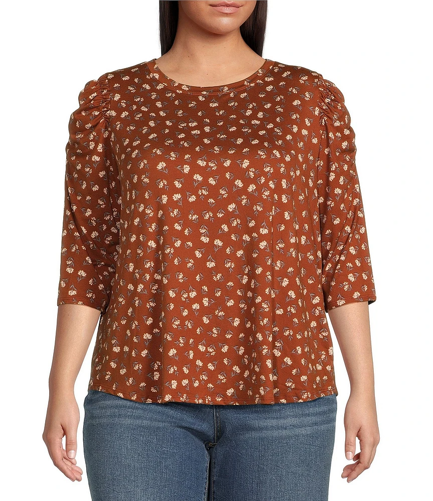 Moa Moa Plus Size 3/4 Sleeve Round Neck Puffed Shoulder Print Top