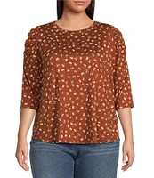 Moa Moa Plus Size 3/4 Sleeve Round Neck Puffed Shoulder Print Top