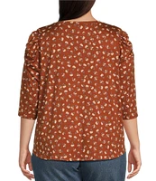 Moa Moa Plus Size 3/4 Sleeve Round Neck Puffed Shoulder Print Top