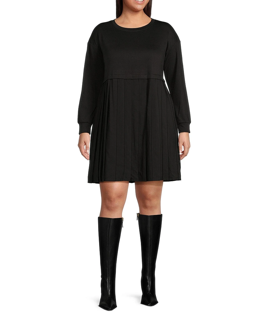 Moa Moa Plus Size Long Sleeve Pleated-Skirt Fit & Flare Dress