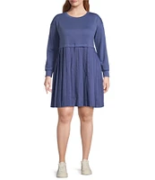 Moa Moa Plus Size Long Sleeve Pleated-Skirt Fit & Flare Dress