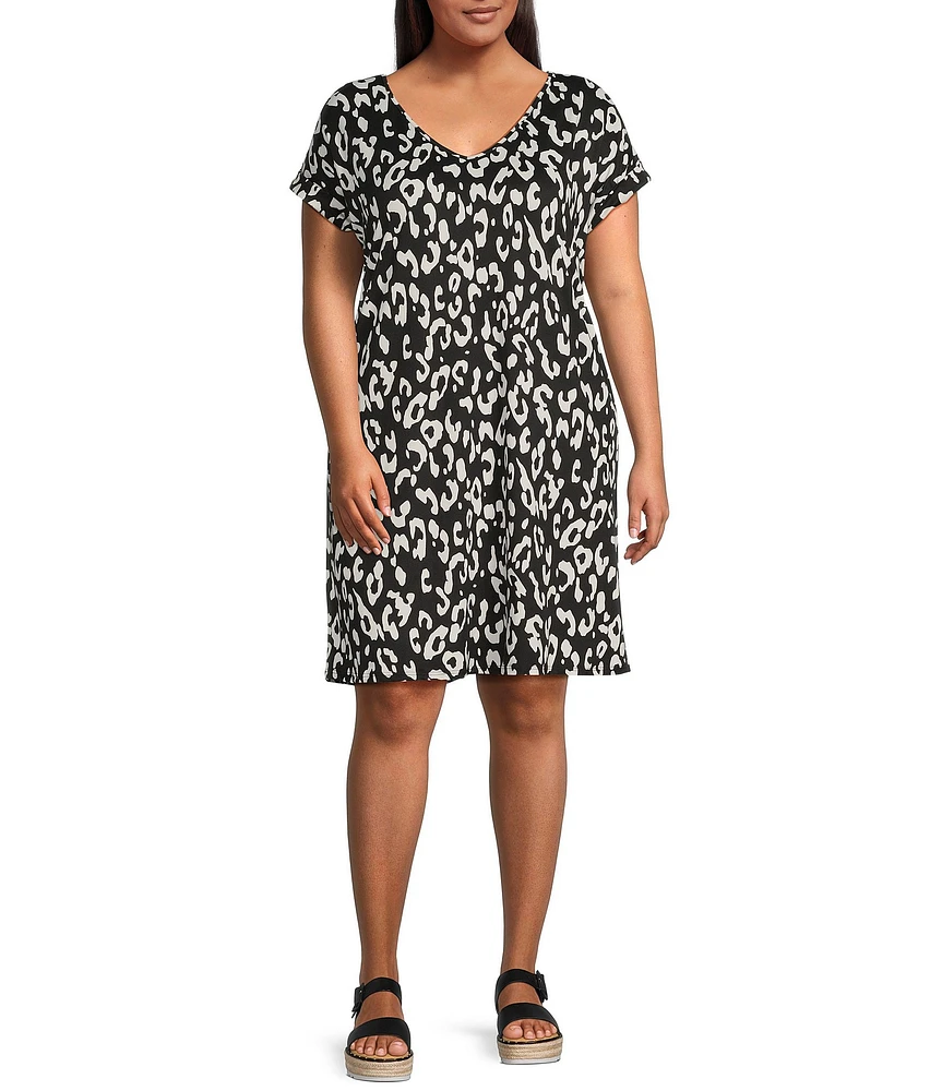 Moa Moa Plus Size V-Neck Short Sleeve Striped T-Shirt Dress