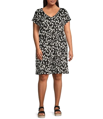 Moa Moa Plus Size V-Neck Short Sleeve Striped T-Shirt Dress
