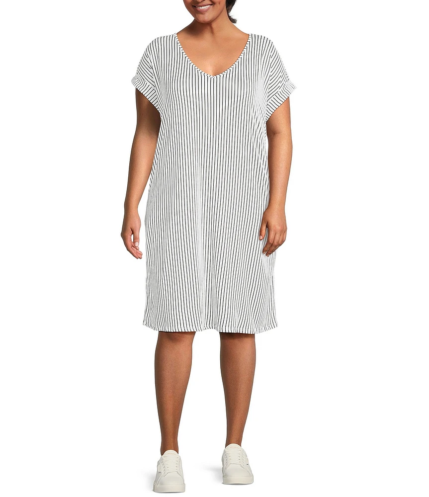 Moa Moa Plus Size V-Neck Short Sleeve Striped T-Shirt Dress