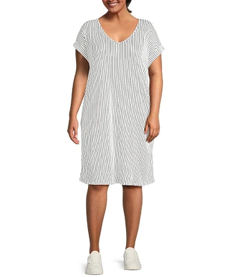 Moa Moa Plus Size V-Neck Short Sleeve Striped T-Shirt Dress