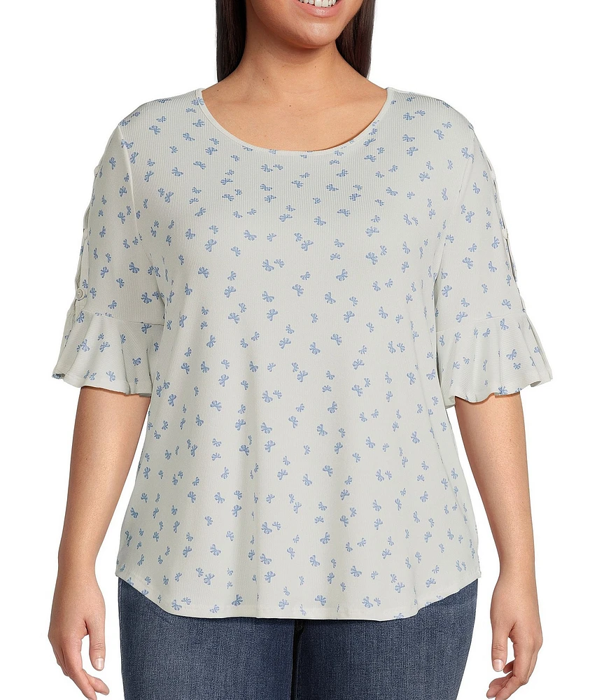 Moa Moa Plus Size Printed Ruffle Sleeve Top