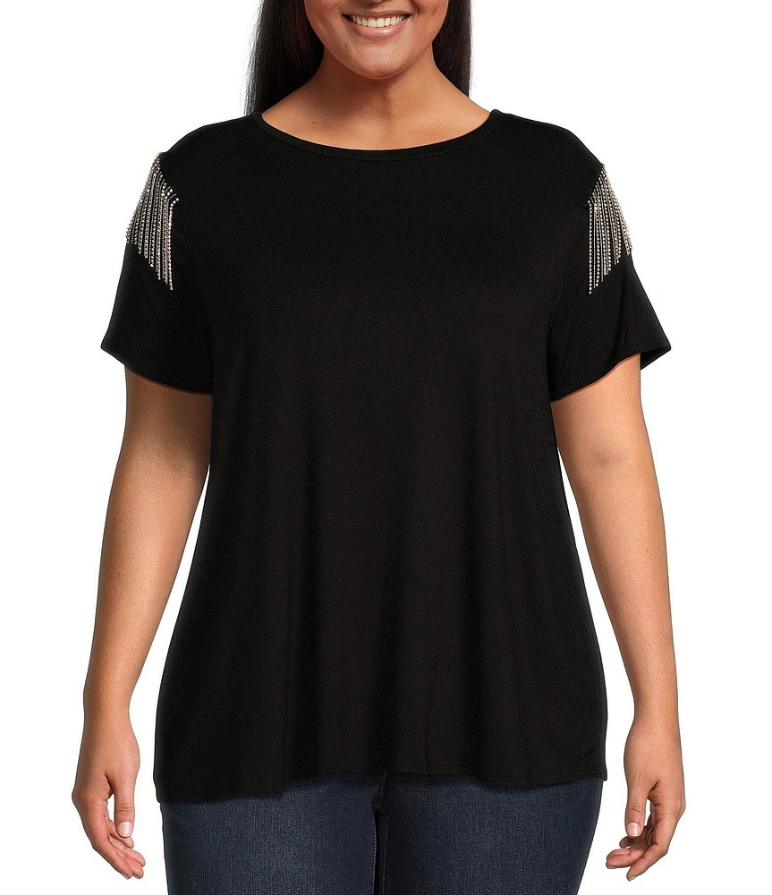 Moa Moa Plus Size Short Sleeve Rhinestone-Embellished Fringe-Accented Top