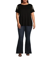 Moa Moa Plus Size Short Sleeve Rhinestone-Embellished Fringe-Accented Top