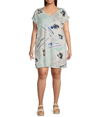 Moa Moa Plus Size V-Neck Short Sleeve News Print T-Shirt Dress