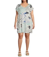 Moa Moa Plus Size V-Neck Short Sleeve News Print T-Shirt Dress