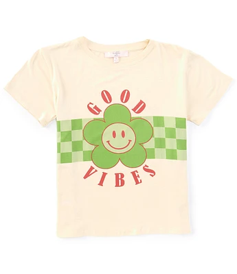 Moa Moa Short Sleeve Flower Smiley Good Vibes Checkered Oversized Graphic T-Shirt