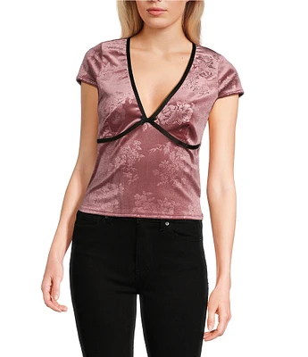 Moa Moa Short Sleeves V-Neck Burnout Velvet Top