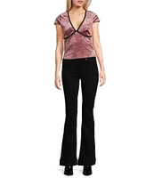 Moa Moa Short Sleeves V-Neck Burnout Velvet Top