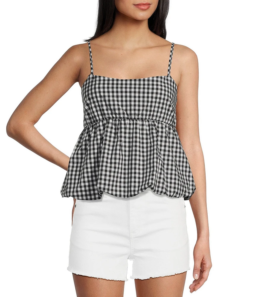 Moa Moa Sleeveless Gingham Printed Bubble-Hem Tank Top