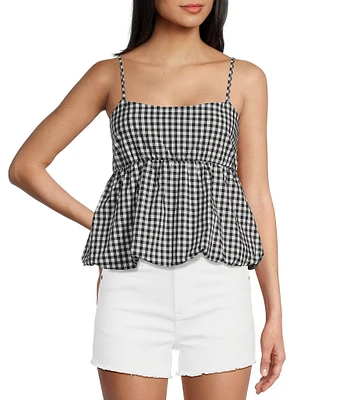 Moa Moa Sleeveless Gingham Printed Bubble-Hem Tank Top