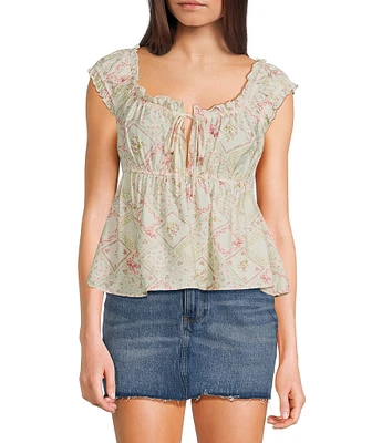 Moa Moa Sleeveless Printed Shirred Babydoll Top