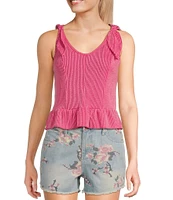 Moa Moa Sleeveless Tie Shoulder Rib Knit Tank Top