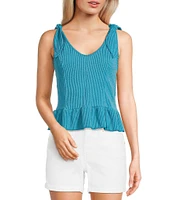 Moa Moa Sleeveless Tie Shoulder Rib Knit Tank Top
