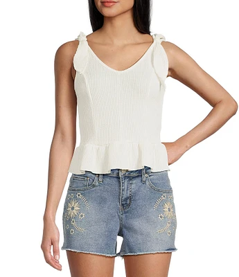 Moa Moa Sleeveless Tie Shoulder Rib Knit Tank Top