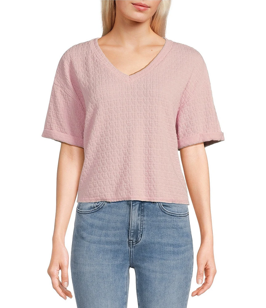 Moa Moa Striped V-Neck Short Sleeve Cropped Top