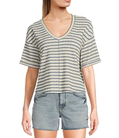 Moa Moa Striped V-Neck Short Sleeve Top