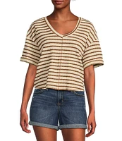 Moa Moa Striped V-Neck Short Sleeve Top