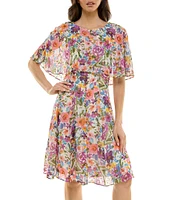 Moda Tara Boat Neck Gold Foil Floral Print Midi Dress