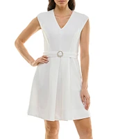 Moda Tara Cap Sleeve V-Neck Pearl Trim Belted Fit and Flare Mini Dress