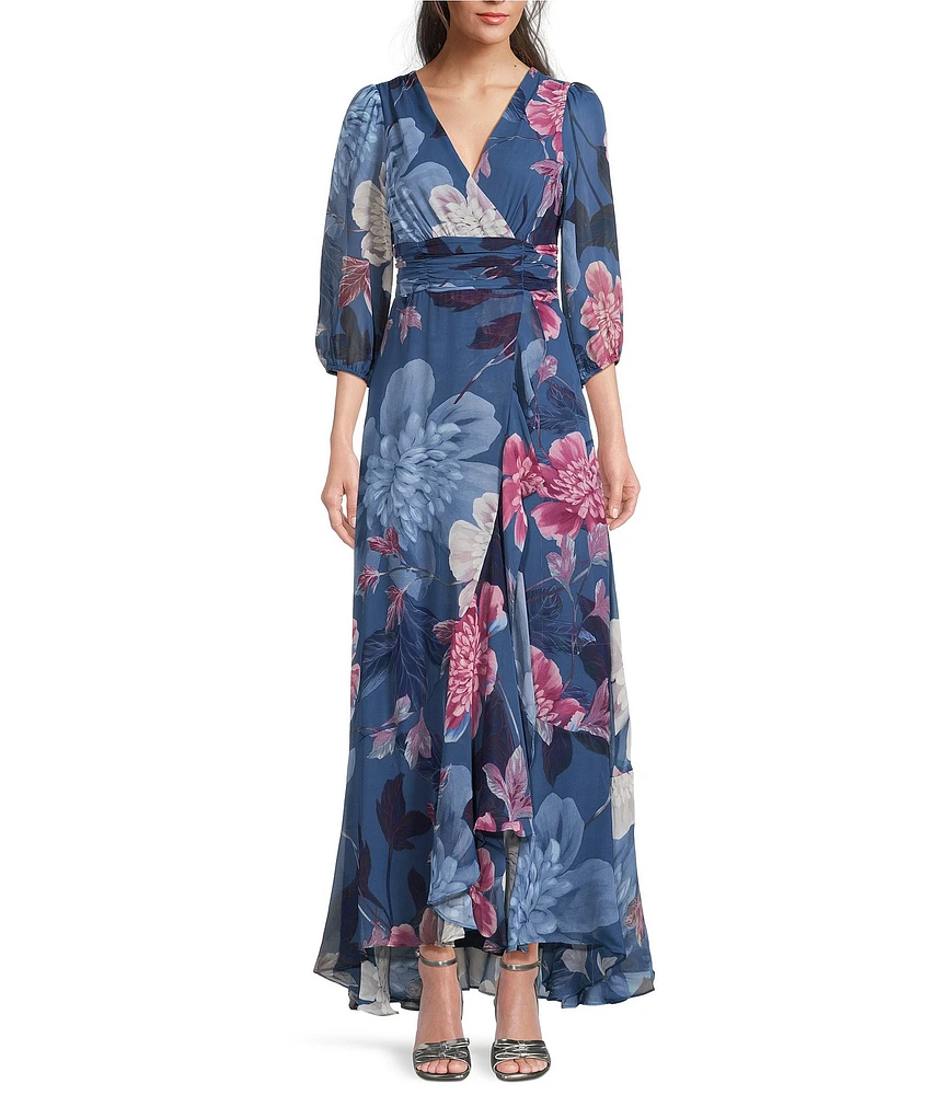 Moda Tara Chiffon 3/4 Sleeve Ruffle Floral Print V-Neck Wrap Dress