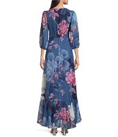 Moda Tara Chiffon 3/4 Sleeve Ruffle Floral Print V-Neck Wrap Dress