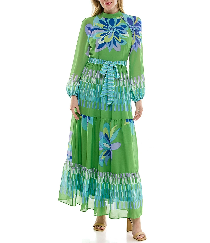 Moda Tara Chiffon Long Sleeve Mock Neck Floral Placement Print A-Line Maxi Dress