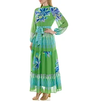 Moda Tara Chiffon Long Sleeve Mock Neck Floral Placement Print A-Line Maxi Dress