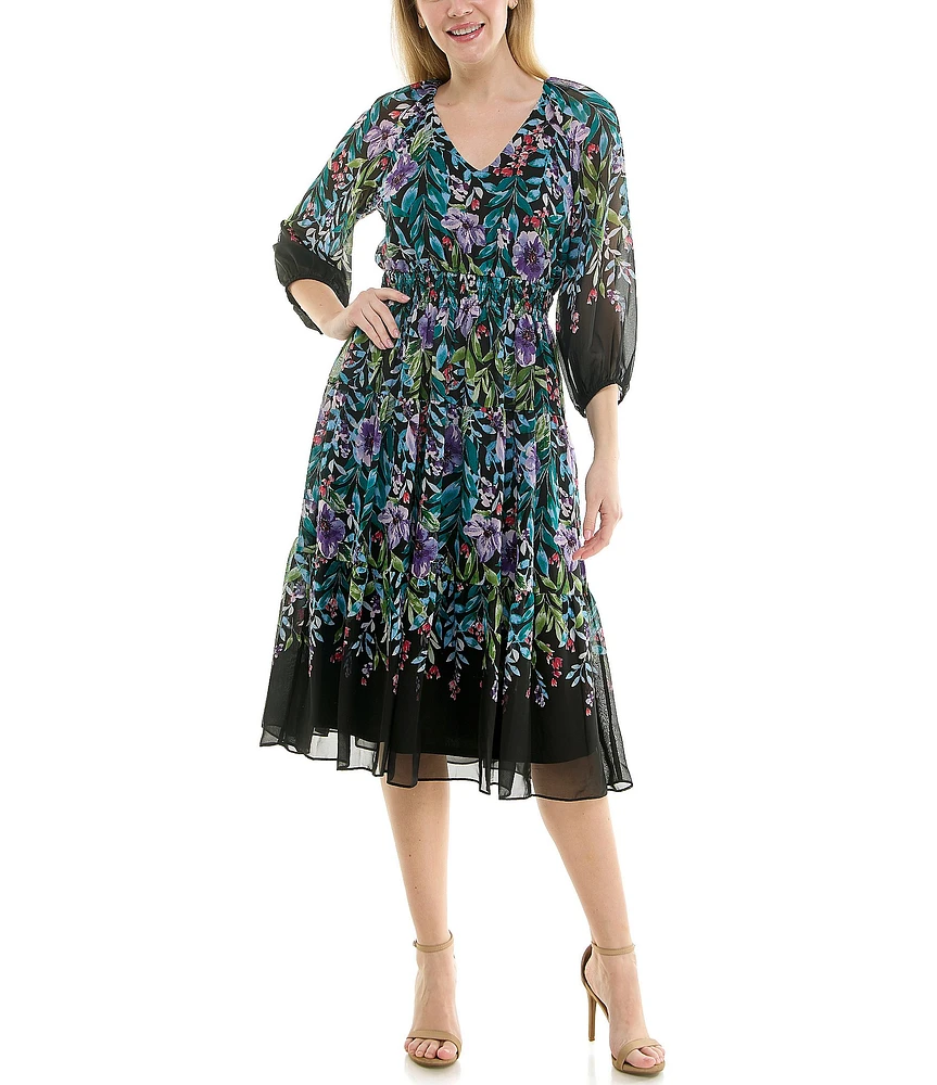 Moda Tara Chiffon V-Neck 3/4 Sleeve Floral Printed Midi Dress