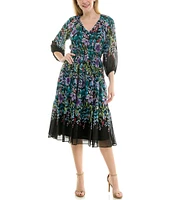 Moda Tara Chiffon V-Neck 3/4 Sleeve Floral Printed Midi Dress