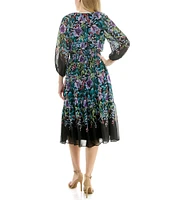 Moda Tara Chiffon V-Neck 3/4 Sleeve Floral Printed Midi Dress