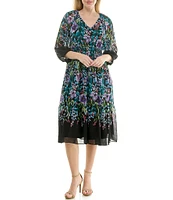 Moda Tara Chiffon V-Neck 3/4 Sleeve Floral Printed Midi Dress