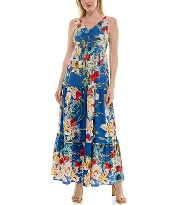 Moda Tara Floral Print Sleeveless Tiered Maxi Dress